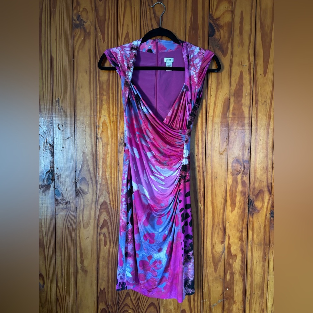 Cache Pink and Purple Printed Draped Slimming Midi Dress